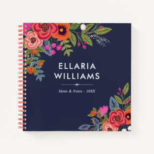 Boho Bouquets - Navy Blue & Coral - Name Notebook