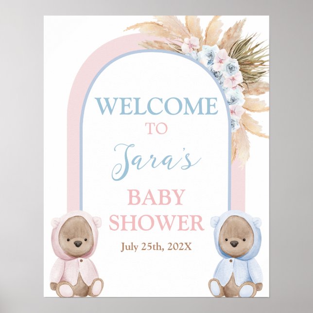 Boho Boy Girl Twins Bear Baby Shower Welcome sign (Front)