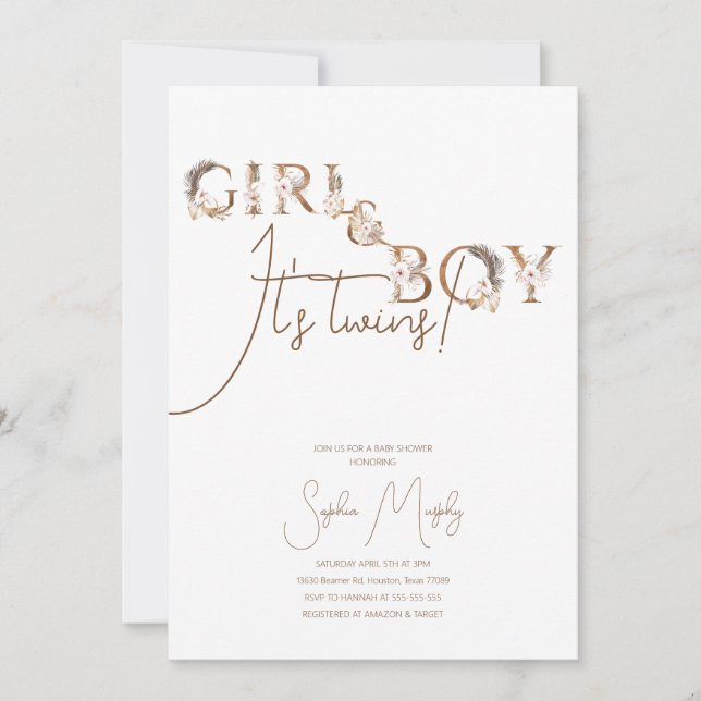 Boho Boy & Girl Twins Rustic Baby Shower Invitatio Invitation (Front)