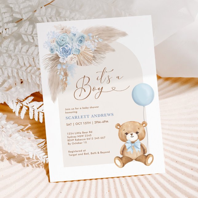 Boho Boy Teddy Bear Balloon Baby Shower Invitation (Creator Uploaded)