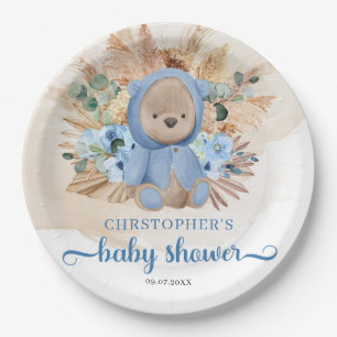 Boho Boy teddy bear pampas grass blue baby shower Paper Plate