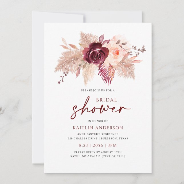 Boho Bridal Shower Burgundy Rose Gold Pampas Invitation (Front)