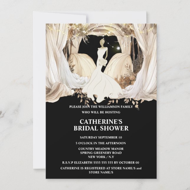 Boho bride white wedding dress drapes chic invitation (Front)