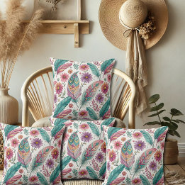 Boho Bright Feathers Throw Pillow