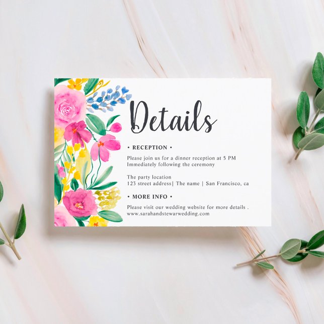 Boho bright flowers script details wedding invitation (Creator Uploaded)