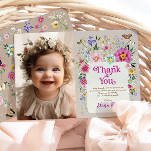 Boho Bright Flowers Wild One Birthday Photo Thank You Card