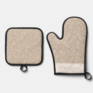 Boho Brown and Ivory Foliage Pattern Personalised Oven Mitt & Pot Holder Set