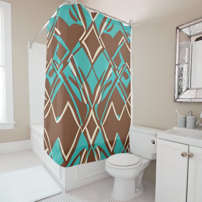 Boho Brown and Turquoise Geometric Shapes Pattern  Shower Curtain (In Situ)