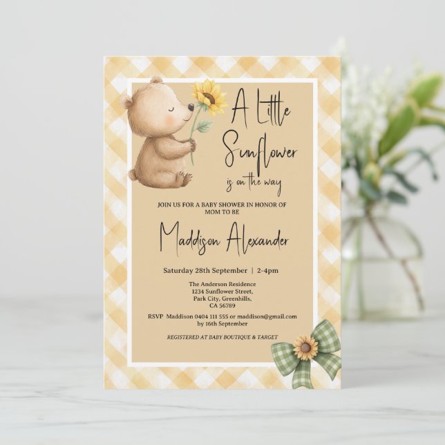 Boho Brown Bear Sunflower Baby Shower Invitation (Standing Front)