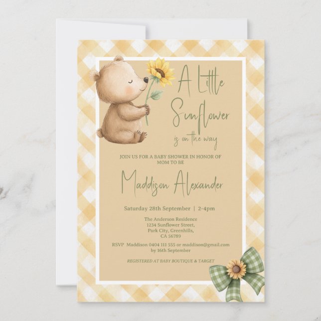 Boho Brown Bear Sunflower Baby Shower Invitation (Front)