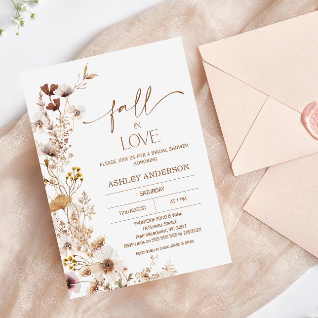 Boho Brown Beige Fall Floral Bridal Shower Invitation (Fall Floral Bridal Shower Invitation, Fall in Love Bridal Shower Invite, Wildflowers Bridal Shower)