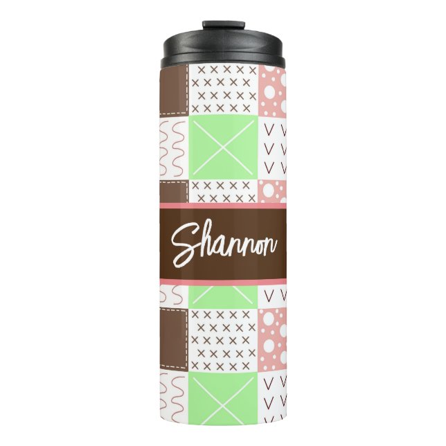 Boho Brown, Burgundy, Green and Mauve Whimsical    Thermal Tumbler (Front)