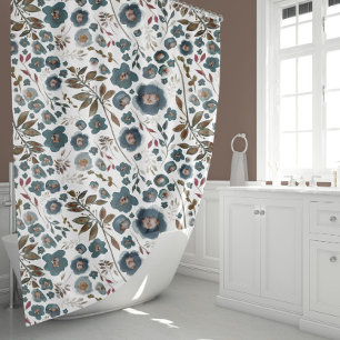 Boho Brown Cranberry Deep Blue Floral Pattern Shower Curtain