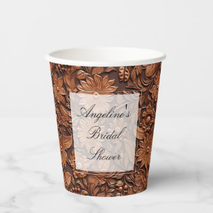 Boho Brown Faux Leather Floral Bridal Shower Paper Cups