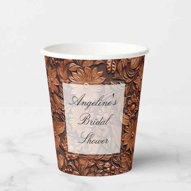 Boho Brown Faux Leather Floral Bridal Shower Paper Cups (Front)
