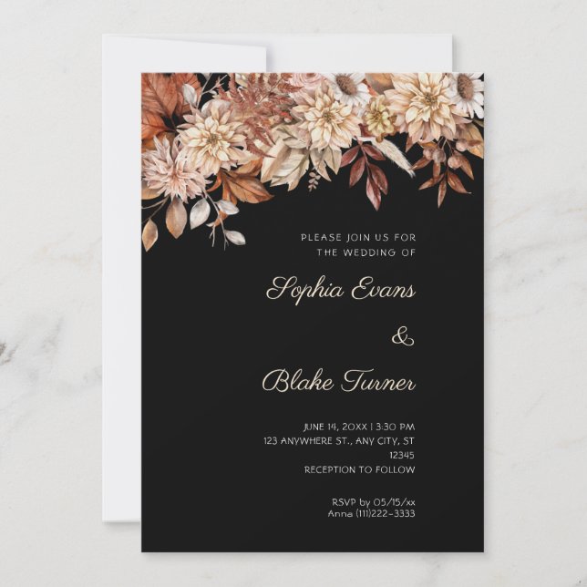 Boho Brown Floral Winter Black Wedding Invitation (Front)