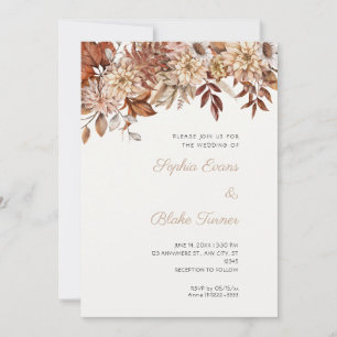 Boho Brown Floral Winter Off White Wedding Invitation