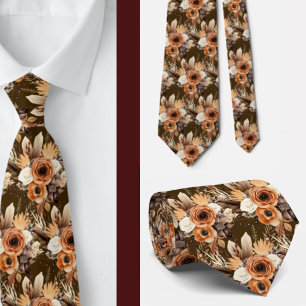Boho Brown Gold Floral Watercolor Flowers Wedding Tie
