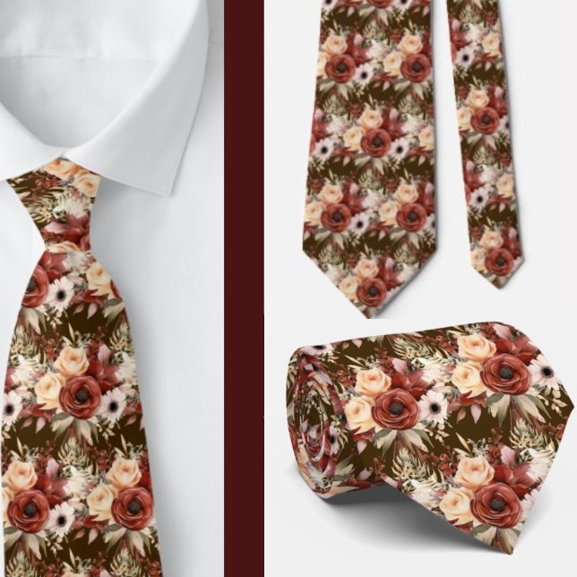 Boho Brown Gold Floral Watercolor Flowers Wedding Tie (Creator Uploaded)