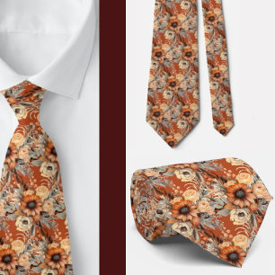 Boho Brown Gold Floral Watercolor Flowers Wedding Tie