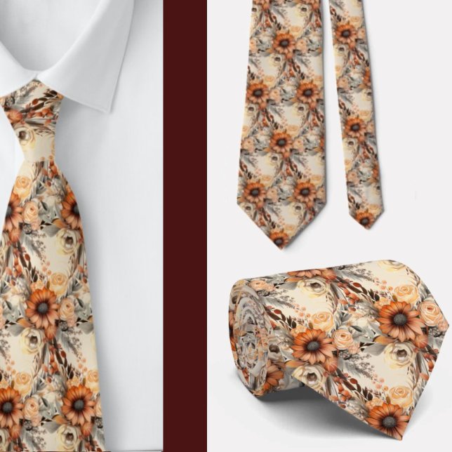 Boho Brown Gold Floral Watercolor Flowers Wedding Tie (Creator Uploaded)