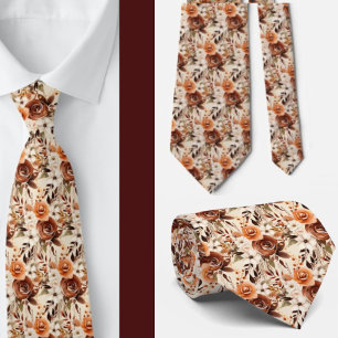 Boho Brown Gold Floral Watercolor Flowers Wedding Tie