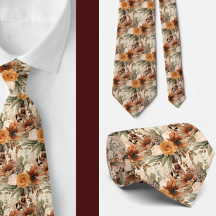 Boho Brown Gold Floral Watercolor Flowers Wedding Tie