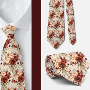 Boho Brown Gold Floral Watercolor Flowers Wedding Tie