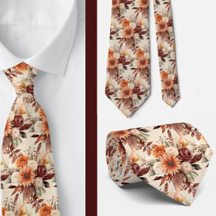 Boho Brown Gold Floral Watercolor Flowers Wedding  Tie