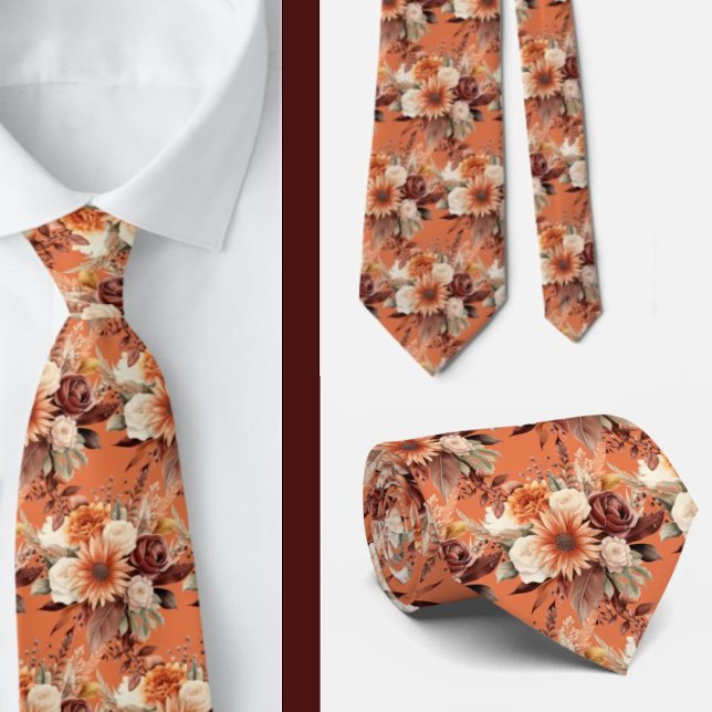 Boho Brown Gold Floral Watercolor Flowers Wedding  Tie (Creator Uploaded)