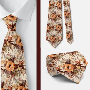 Boho Brown Gold Floral Watercolor Flowers Wedding Tie
