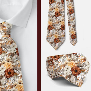 Boho Brown Gold Floral Watercolor Flowers Wedding Tie