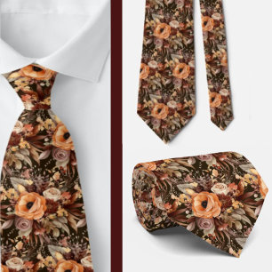 Boho Brown Gold Floral Watercolor Flowers Wedding Tie