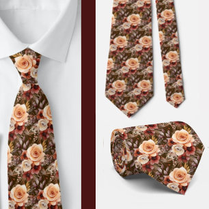 Boho Brown Gold Floral Watercolor Flowers Wedding Tie