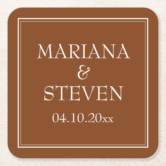 Boho Brown Modern Border Minimalist Square Paper Coaster (Front)