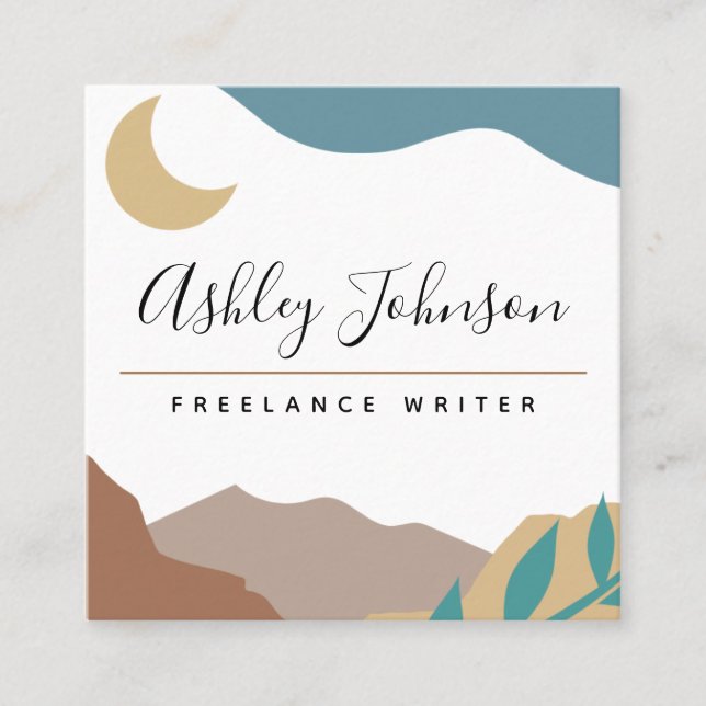 Boho Brown Mountains Moon Pastel Bohemian Abstract Square Business Card (Front)