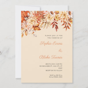 Boho Brown Orange Floral Winter Champagne Wedding Invitation