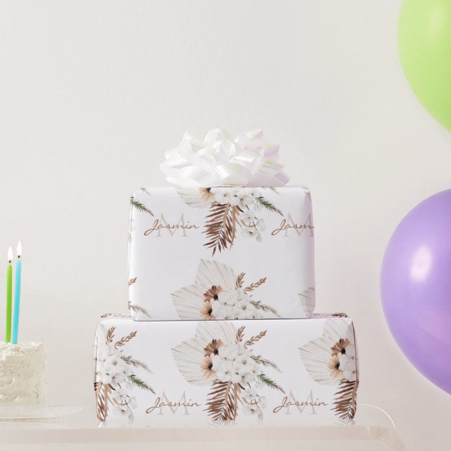 Boho Brown Pampas Grass White Orchids Monogram Wrapping Paper (Party Gifts)