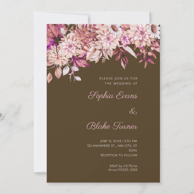 Boho Brown Pink Floral Winter Coffee Brown Wedding Invitation (Front)