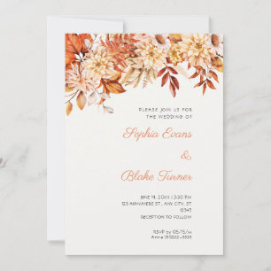 Boho Brown Pink Floral Winter Off White Wedding Invitation