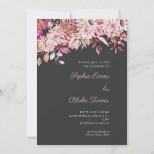 Boho Brown Pink Floral Winter Pebble Grey Wedding Invitation