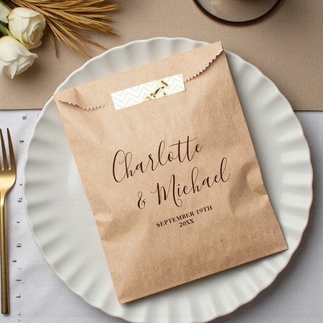 Boho Brown Script Minimalist Wedding Favour Bags (Creator Uploaded)