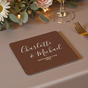 Boho Brown Script Minimalist Wedding Square Paper Coaster