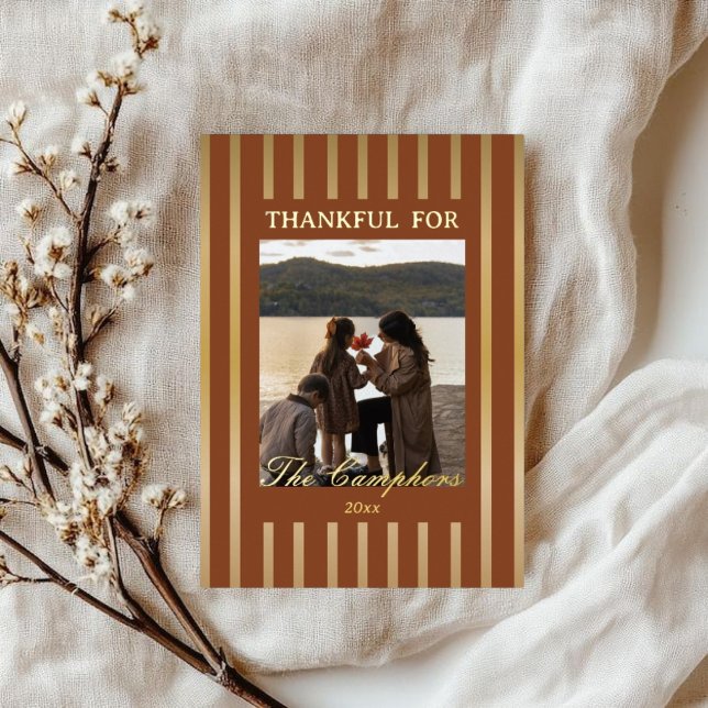 Boho Brown Stripes Thanksgiving Family Photo Gold  (Creator Uploaded)