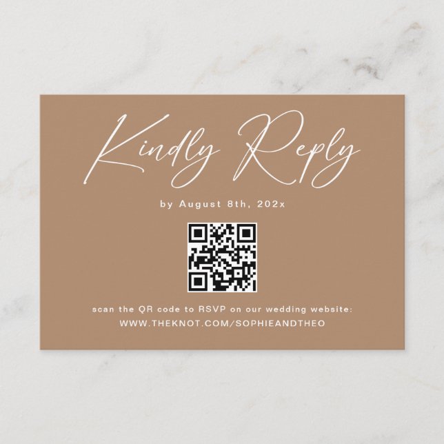 Boho Brown Taupe Wedding RSVP QR Code Enclosure Card (Front)