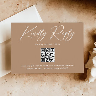 Boho Brown Taupe Wedding RSVP QR Code Enclosure Card