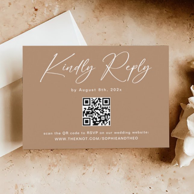 Boho Brown Taupe Wedding RSVP QR Code Enclosure Card (Creator Uploaded)