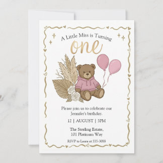 Boho Brown Teddy Bear Pink Balloons Birthday Invitation