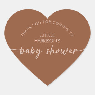 Boho Brown Terracotta Beige Script Baby Shower Heart Sticker