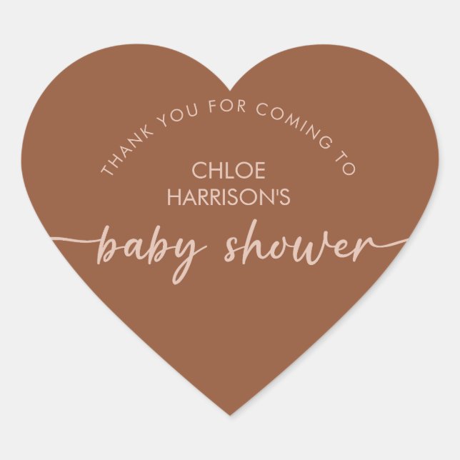 Boho Brown Terracotta Beige Script Baby Shower Heart Sticker (Front)